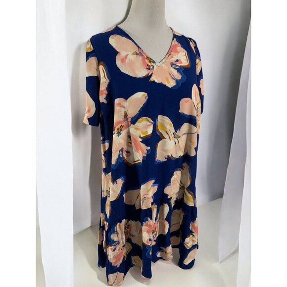 A New Day Womens Floral Print VNeck Short Sleeve Drop Waist Dress Small Blue - Picture 7 of 9